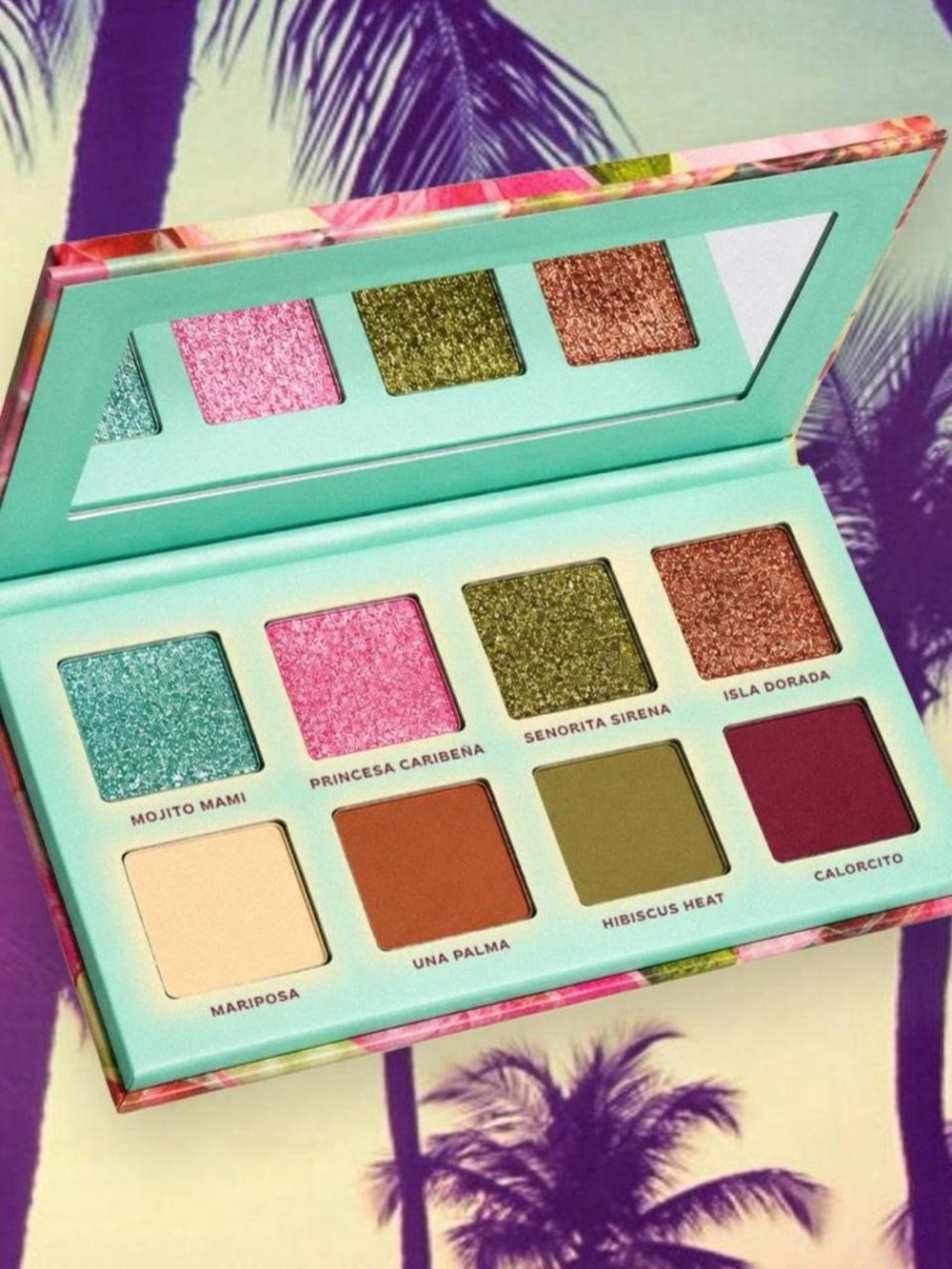 Princess Del Caribe tropical eyeshadow palette with 8 shades! Matte + glitter